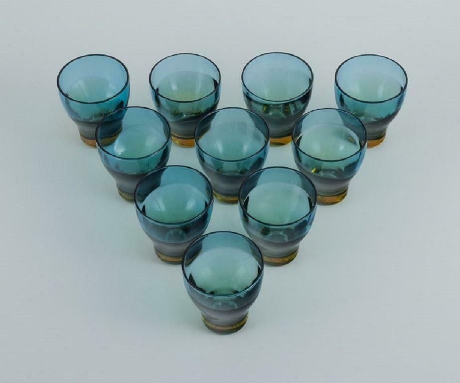 Göran Wärff For Pukeberg. A Set Of 10 Unique Blue Green "Tropico" Shot Glasses.