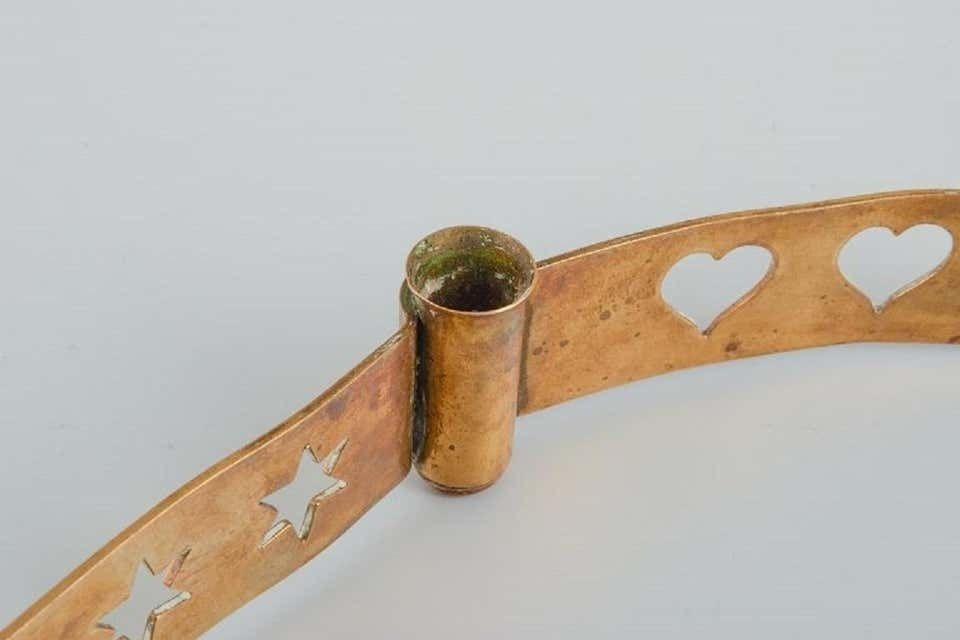 Swedish Tenn. A Pair Of Brass Candlesticks For 4 Candles With Hearts photo vinterior
