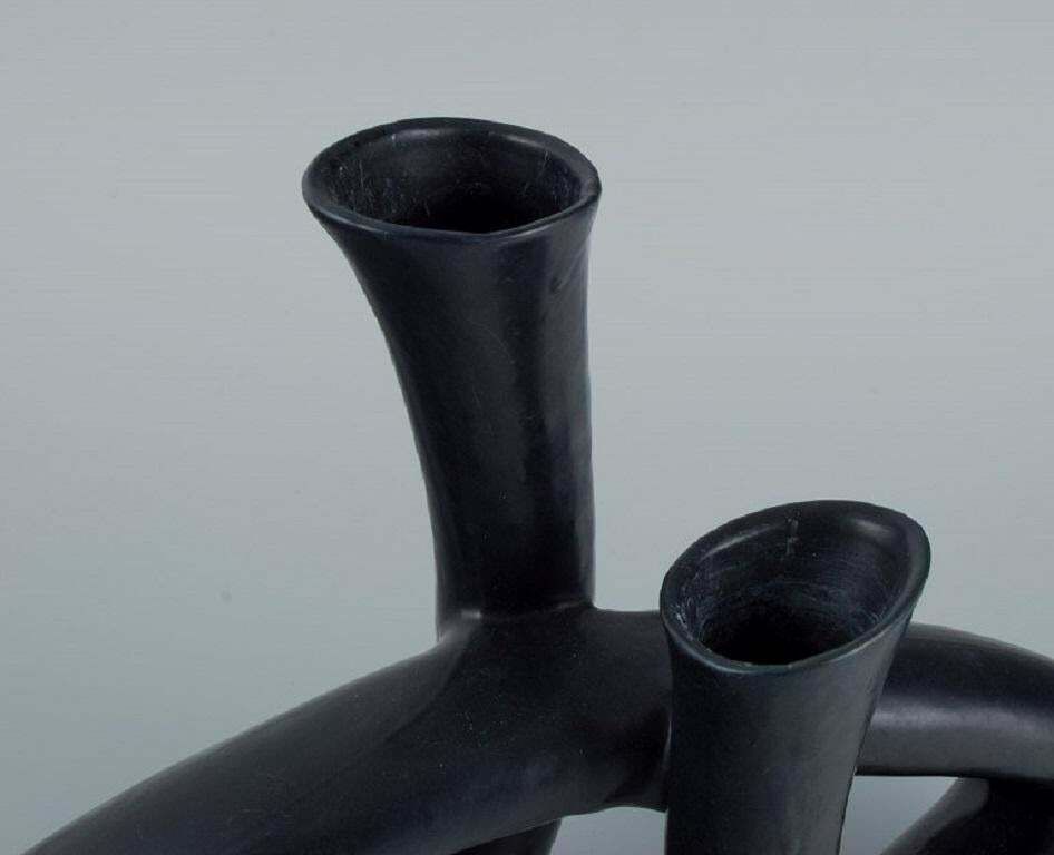 European Studio Ceramicist. Unique Twisted Vase In Black Glaze. Late 1900s. photo vinterior