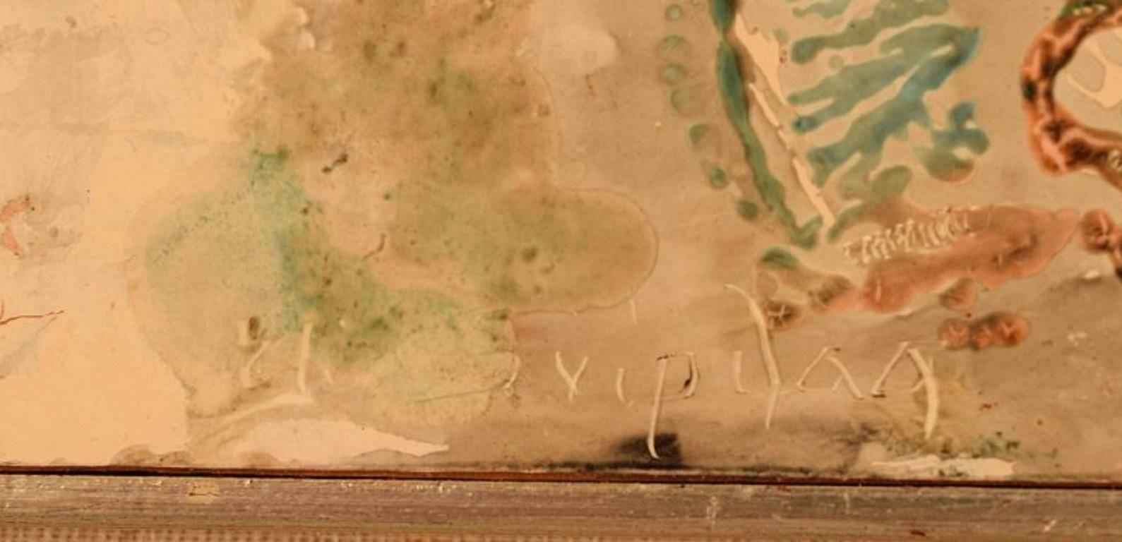 Elin Svipdag  Mixed Media Art On Board By The Sea  Dated 1970 photo vinterior