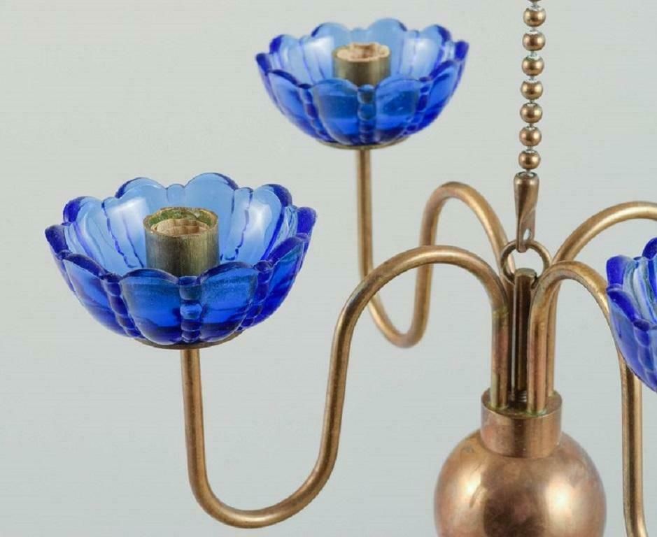 Gunnar Ander For Ystad Metall. Chandelier For Four Candles, Brass And Art Glass photo Lighting