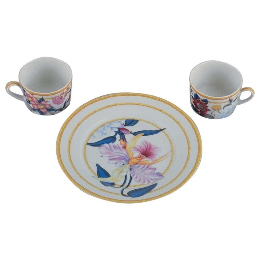 Porcelaine De Paris Aurore Tropicale Two Coffee Cups And A Plate, Limoges