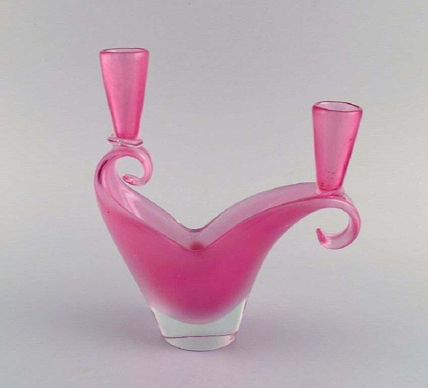 Two Armed Murano Candle Holder In Pink Hand Blown Art Glass. Italian Design photo furniture