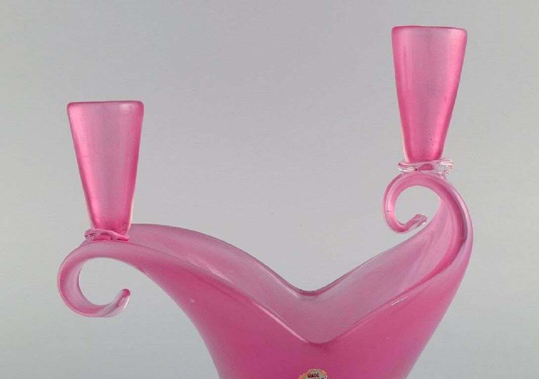 Two Armed Murano Candle Holder In Pink Hand Blown Art Glass. Italian Design photo 305.0