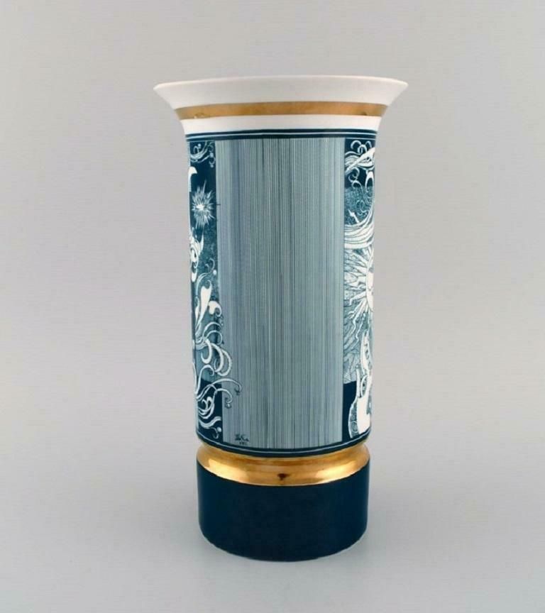 Large Hollóháza Porcelain Vase Art Deco Motifs And Gold Border Mid 20th C photo for sale