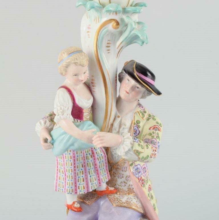 Large Antique Meissen Candlestick In Hand Painted Porcelain, 19th C photo for sale