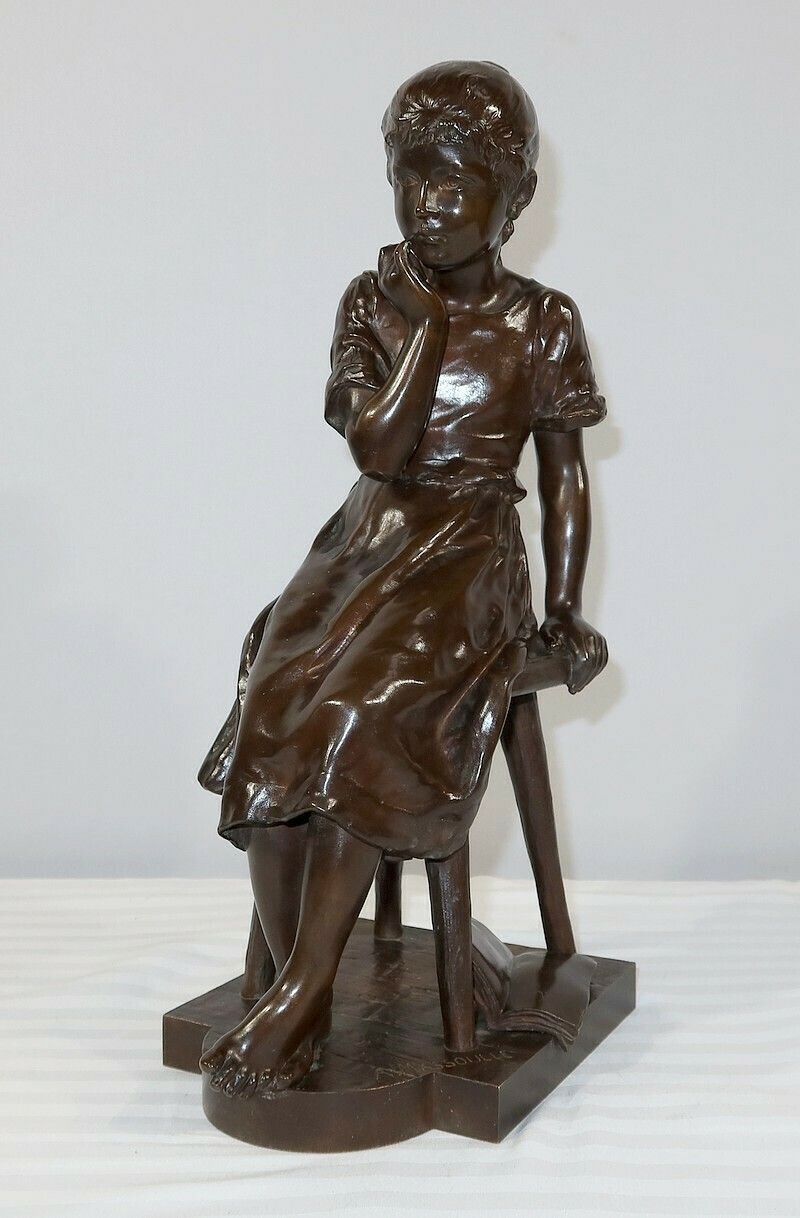 Bronze “Seated Girl”, By A. Massoulle – Late 19th Century photo for sale
