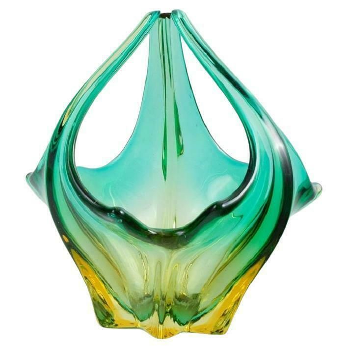 Murano Bowl In Mouth Blown Art Glass, Green And Yellow Shades, 1960s