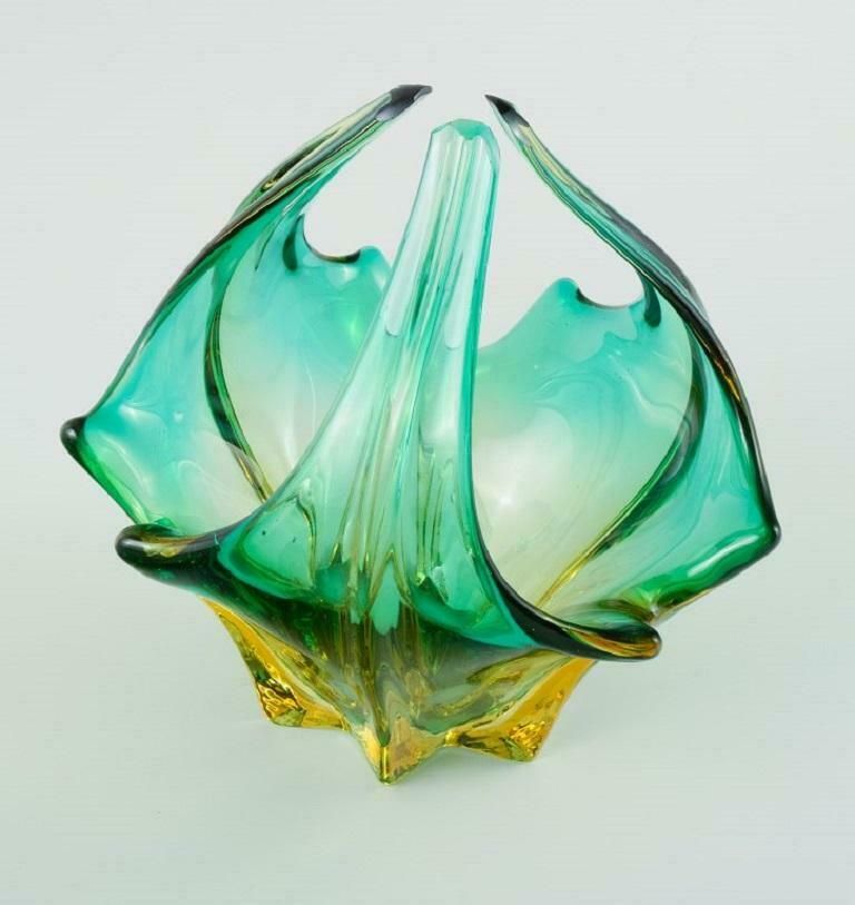 Murano Bowl In Mouth Blown Art Glass, Green And Yellow Shades, 1960s photo for sale