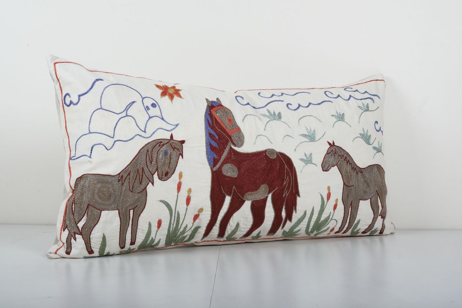 Turkish Horse Pictorial Suzani Cushion Cover, Suzani Animal Bedding Pillow Case Made From A 19th Century Suzani 18'' X 35'' photo Textiles