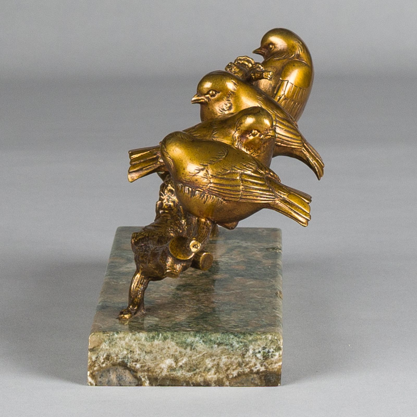 French Art Deco Gilded Bronze Sculpture Of Birds Resting On A Branch Signed P. Marec photo vintage