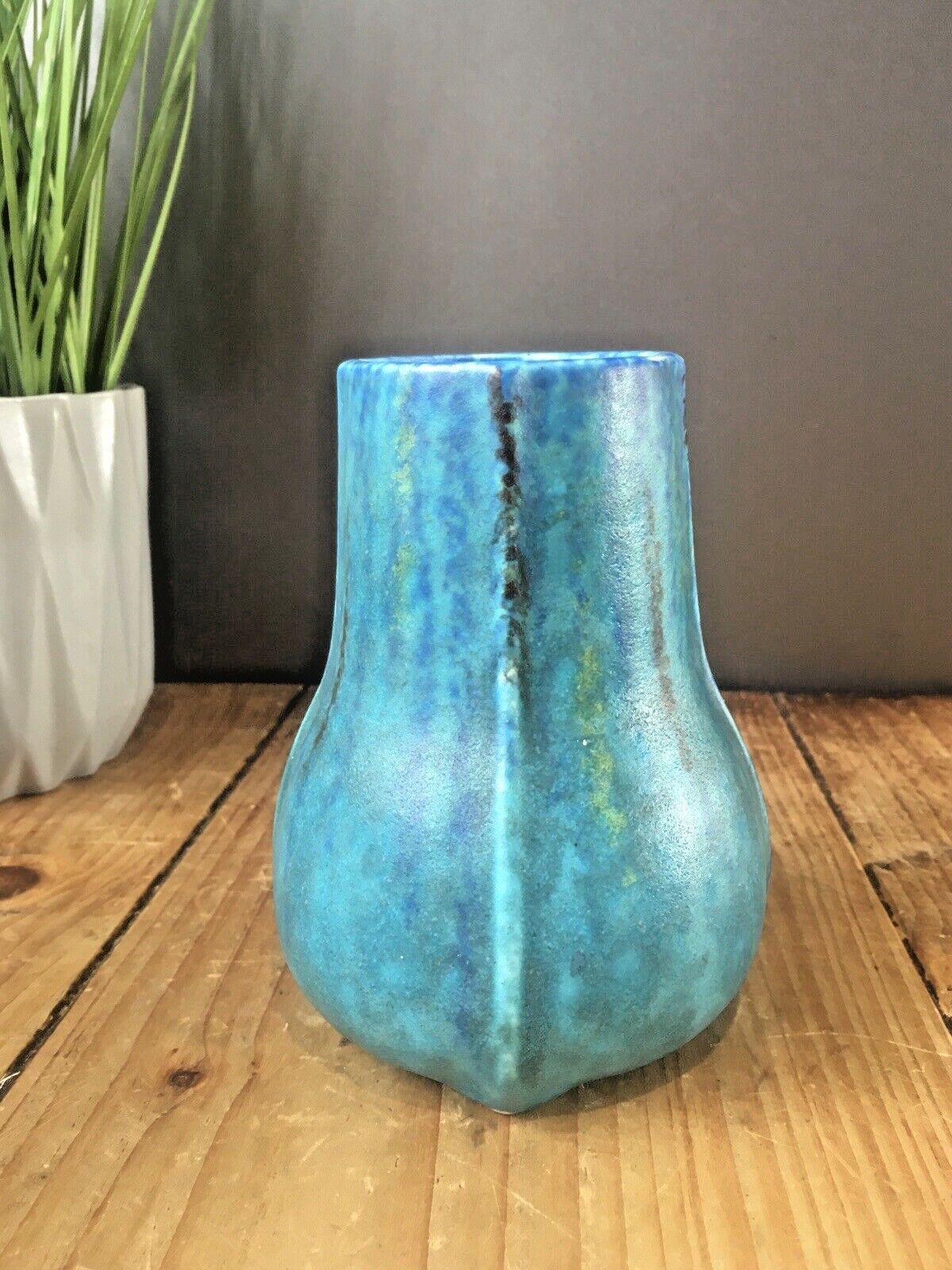 Stunning Antique Mottled Turquoise Blue Vase Ruskin Style Arts & Crafts Art Deco photo vintage