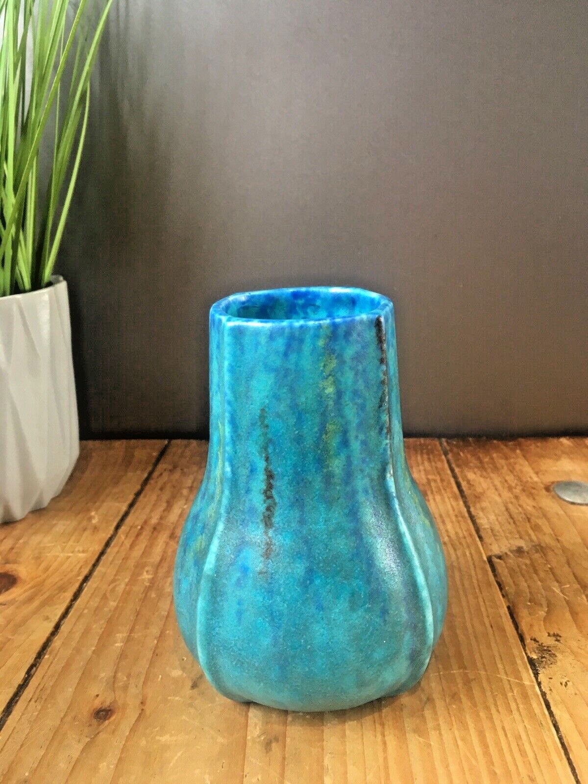 Home Decor Stunning Antique Mottled Turquoise Blue Vase Ruskin Style Arts & Crafts Art Deco photo