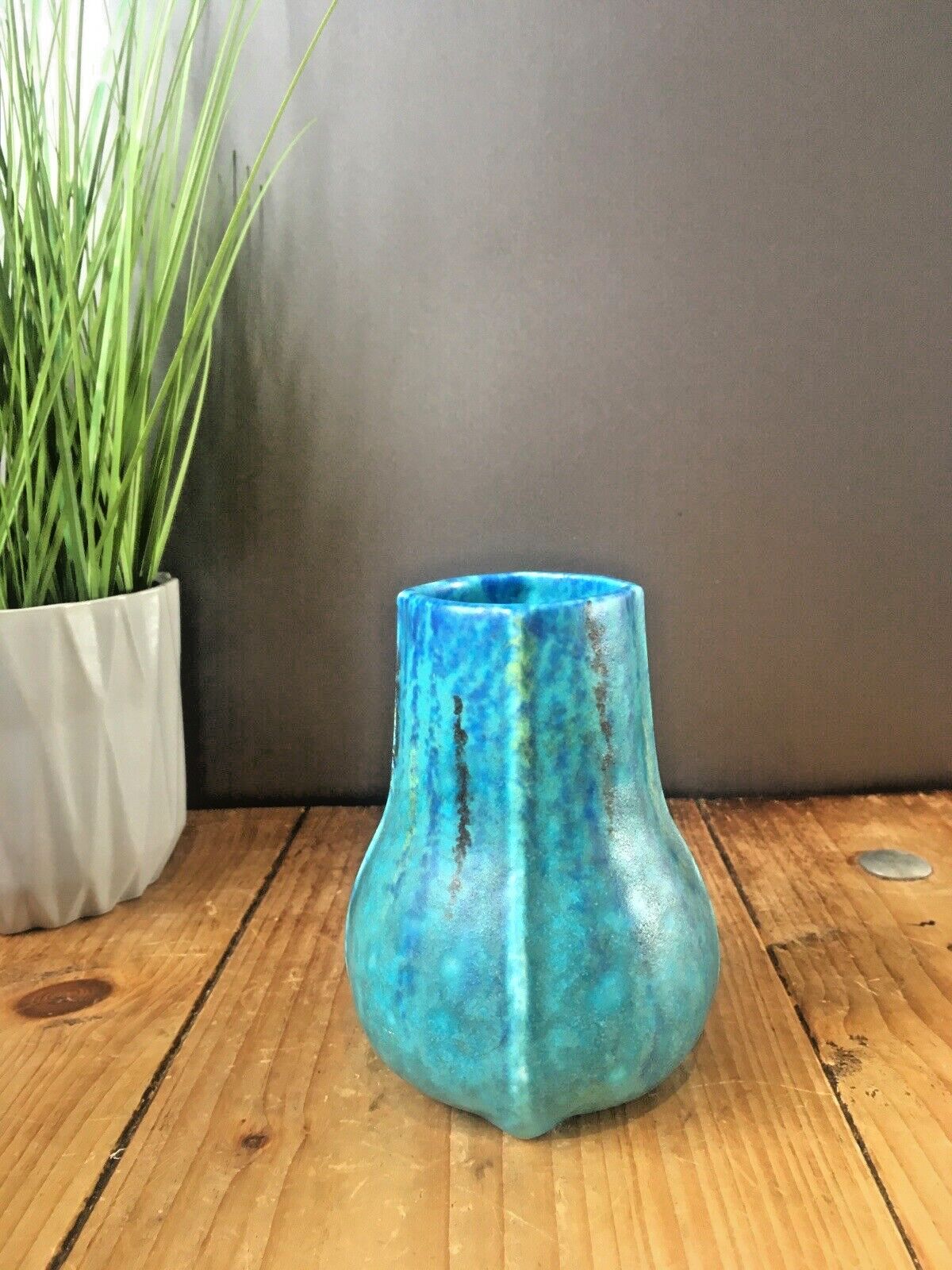 140.0 Stunning Antique Mottled Turquoise Blue Vase Ruskin Style Arts & Crafts Art Deco photo
