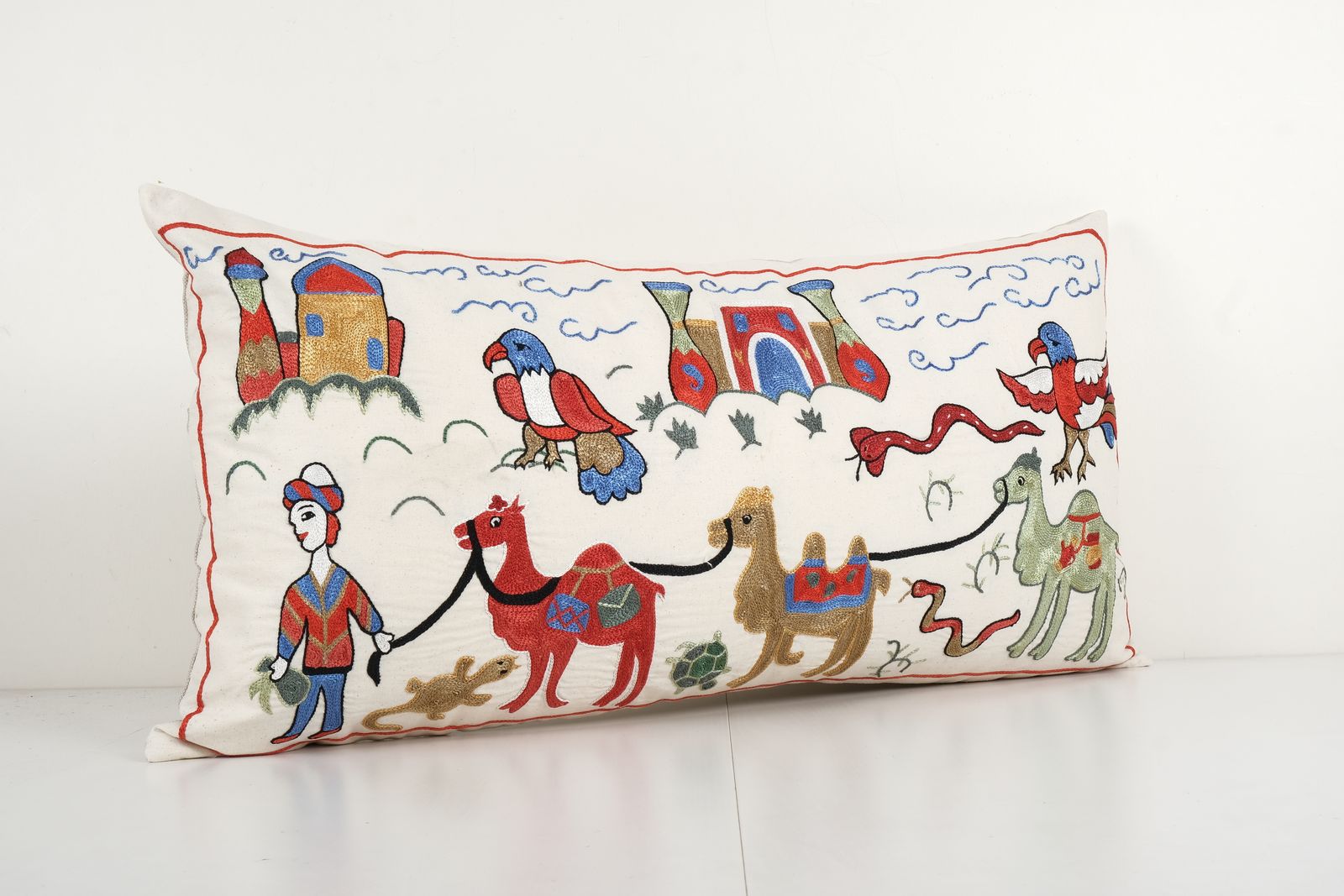 Tashkent Suzani Animal Bedding Pillow Case Made From A 19th Century Suzani   Lumbar Camel And Bird Cushion Cover   Hippie Long Pillow Case photo for sale