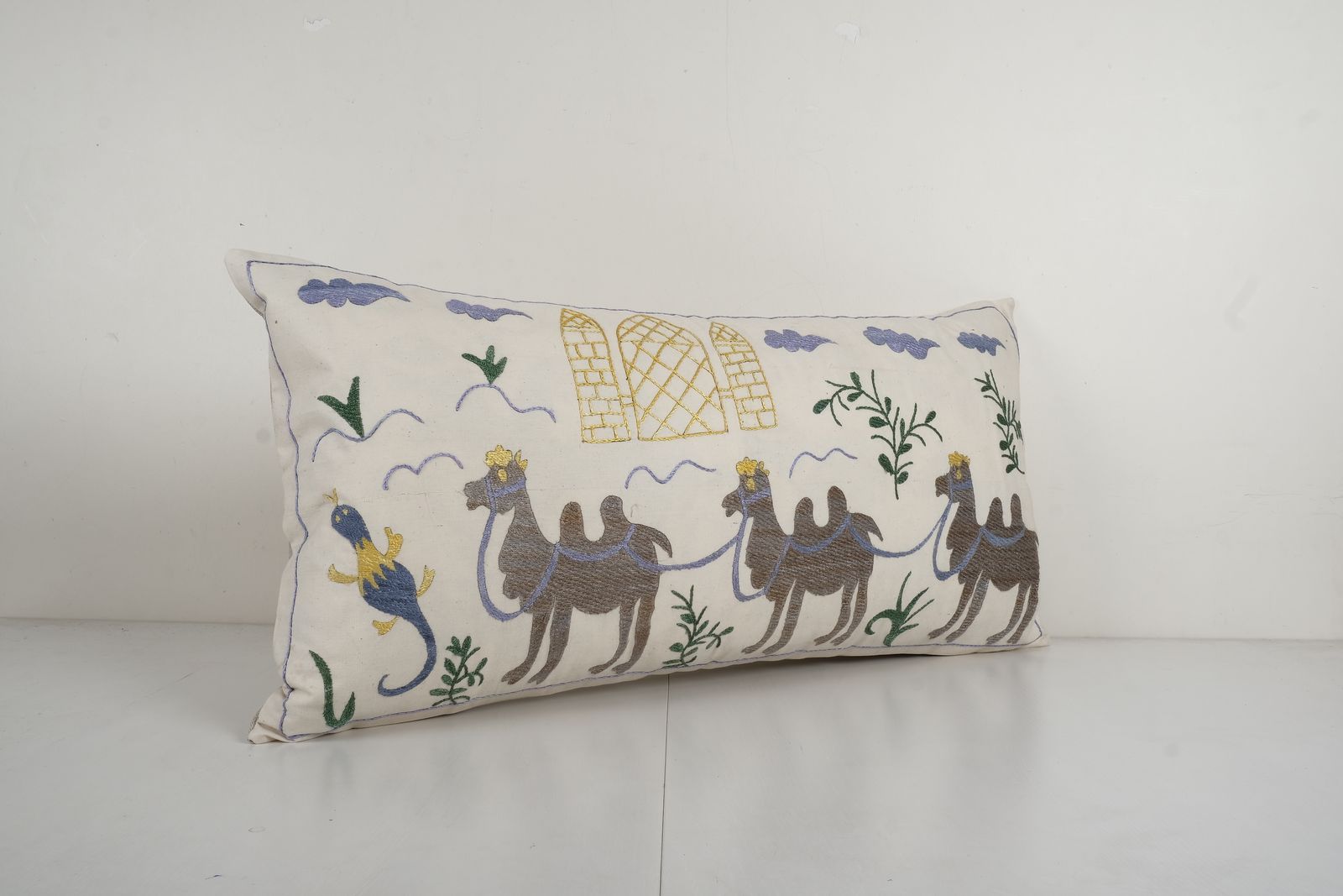 Uzbek Traditional Pastel Suzani Pillow Case, Decorative Camel Couch Cushion, Old Embroidery Suzani Pillow Cases 18'' X 35'' photo furniture