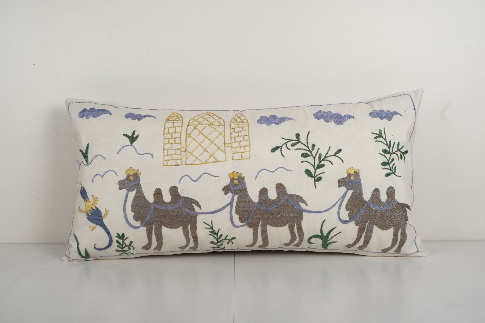 Uzbek Traditional Pastel Suzani Pillow Case, Decorative Camel Couch Cushion, Old Embroidery Suzani Pillow Cases 18'' X 35''