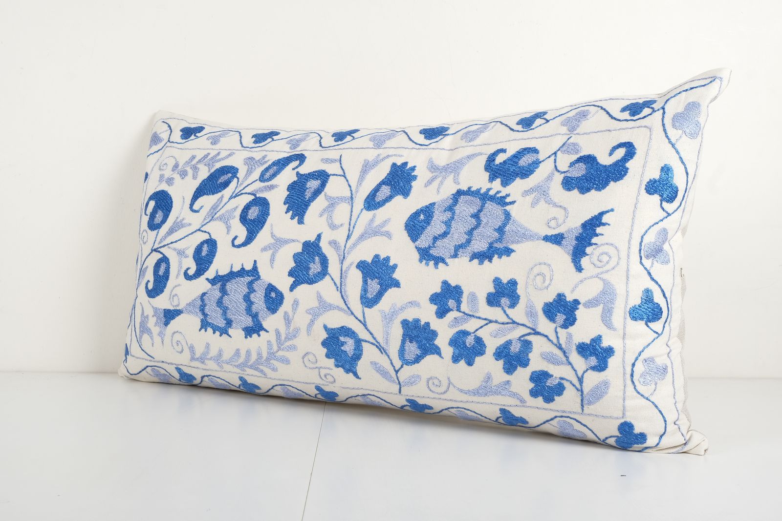 Bohemian Fish Figured Cotton Pillowcase, Ethnic Animal Pattern Designer Cushion   Hand Embroidered Pillow Cover 18'' X 34'' photo furniture
