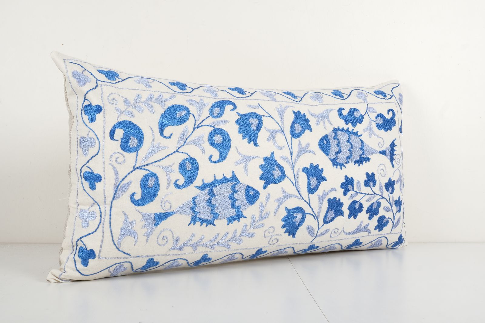 Bohemian Fish Figured Cotton Pillowcase, Ethnic Animal Pattern Designer Cushion   Hand Embroidered Pillow Cover 18'' X 34'' photo Textiles