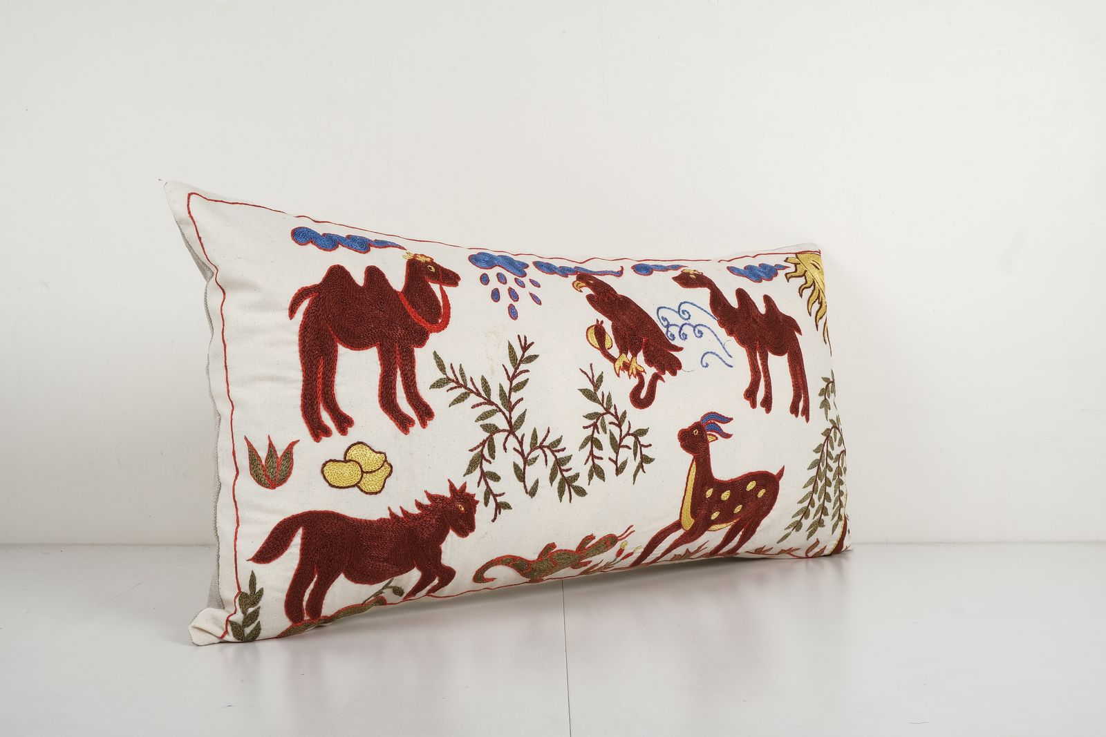 Tashkent Suzani Animal Bedding Pillow Case Made From Suzani, Lumbar Horse And Camel Tashkent Cushion Cover 18'' X 34'' photo for sale