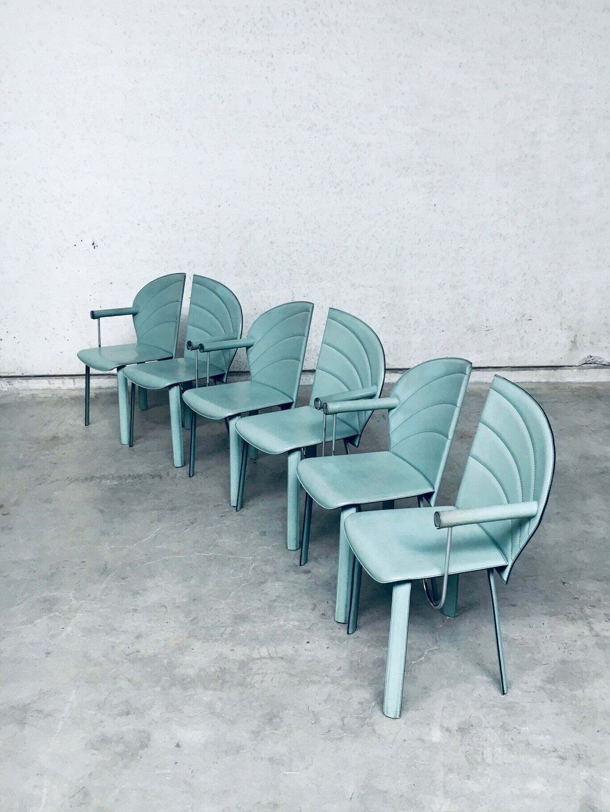 Furniture Postmodern Design Leather Dining Chair Set, Italy 1980's photo