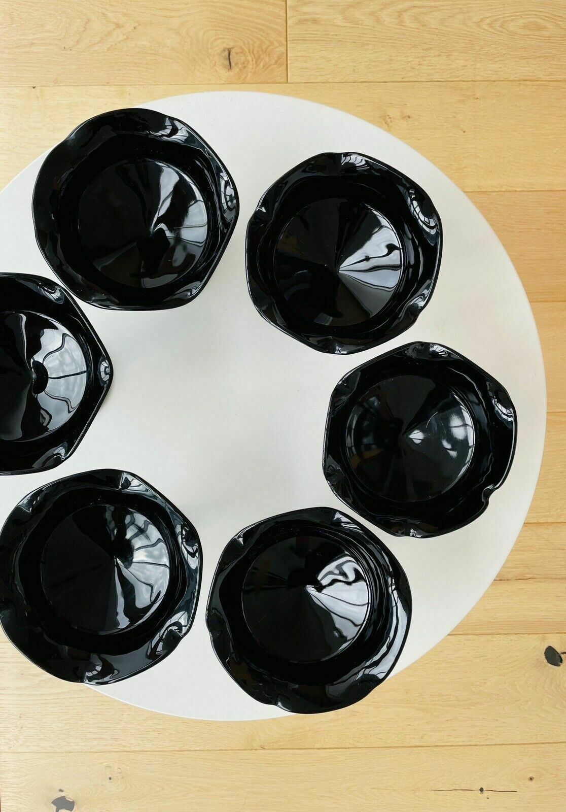 Set Of 6 Vintage Diamond Point Black Pressed Glass Footed Frilled Dessert Bowls photo vintage