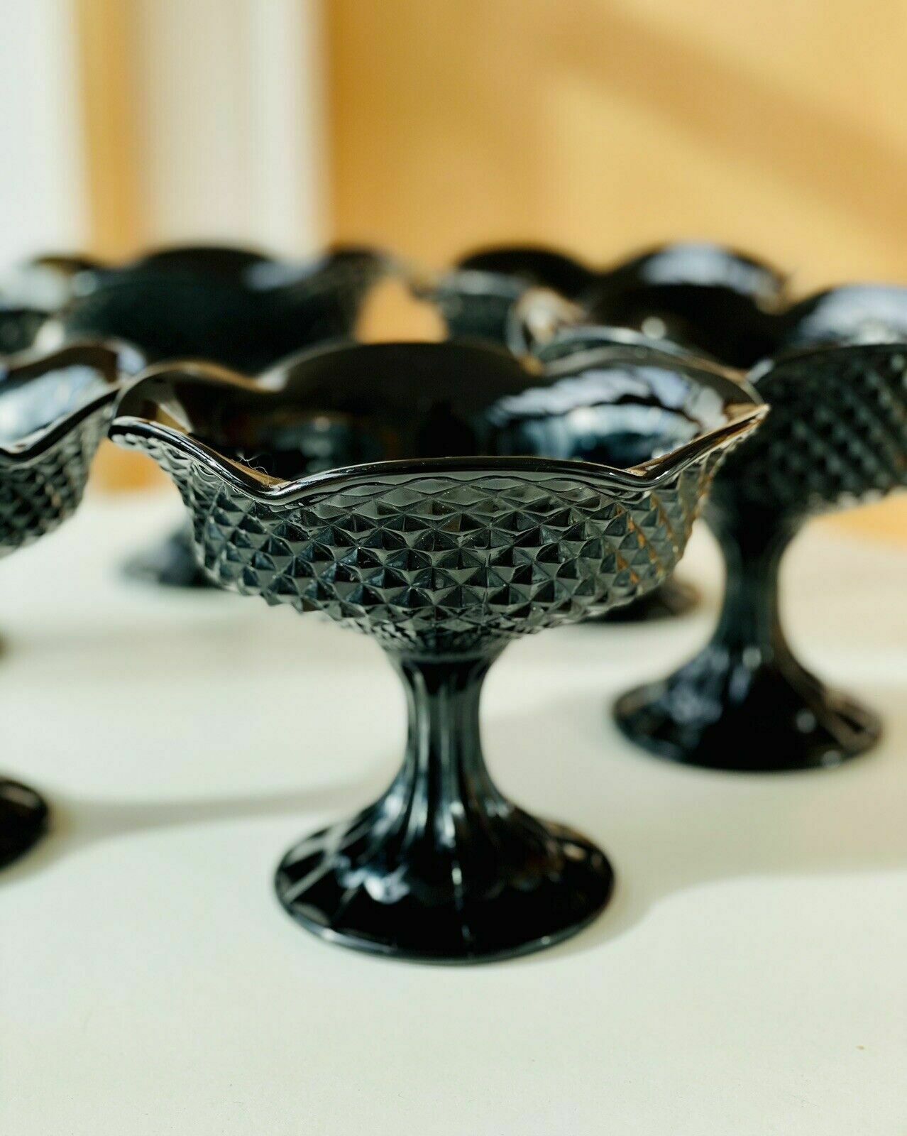 photo furniture Set Of 6 Vintage Diamond Point Black Pressed Glass Footed Frilled Dessert Bowls
