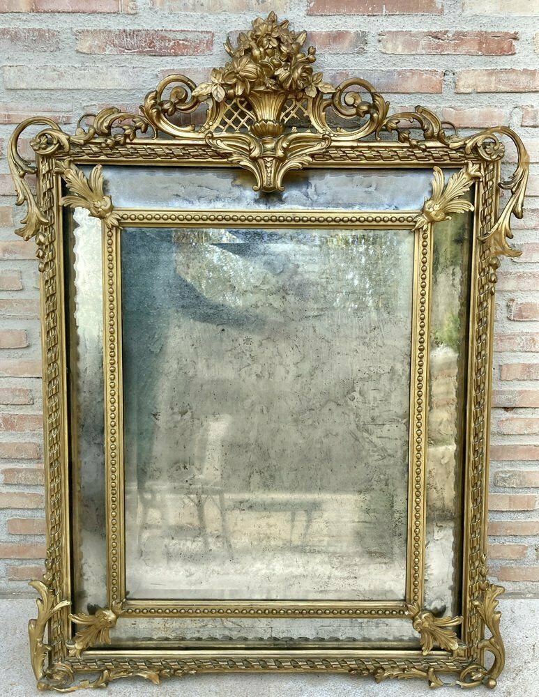 Antique French Louis XVI Gold Leaf Beveled Mirror, 1890