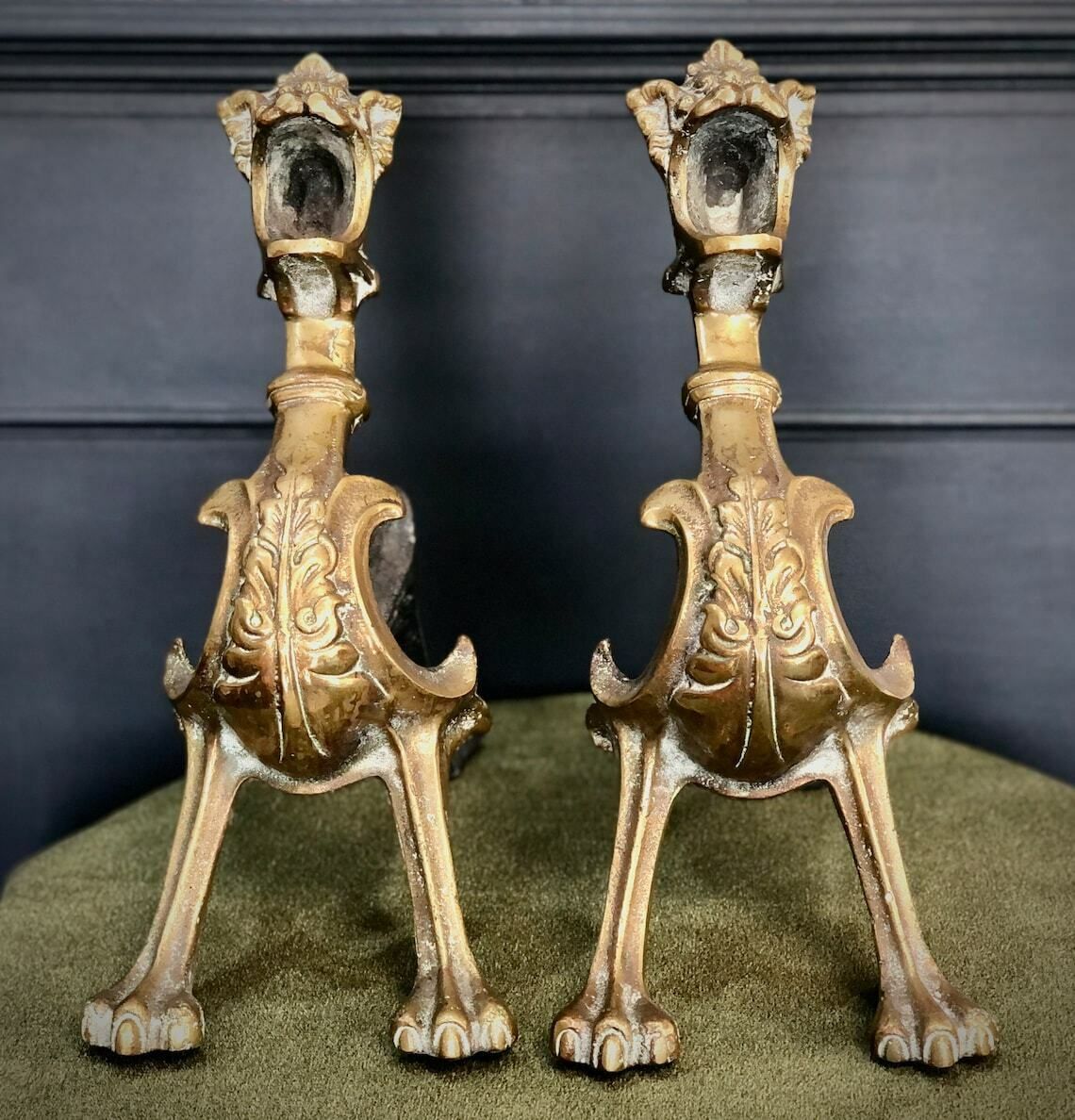 Pair Of Brass Antique Victorian Fire Guard Dogs