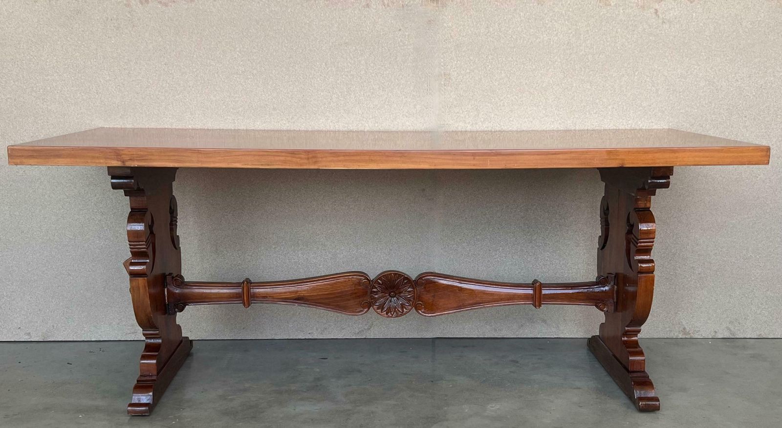 20th Century Spanish Baroque Carved Walnut Lyre Legs Trestle Dining Farm Table photo for sale