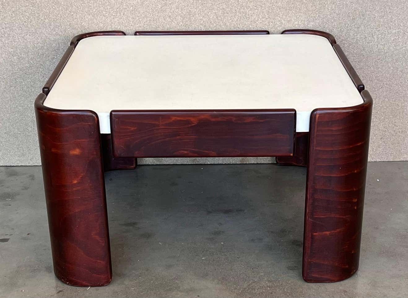 Table mid-century modern carrée, pieds courbés et plateau blanc photo for sale