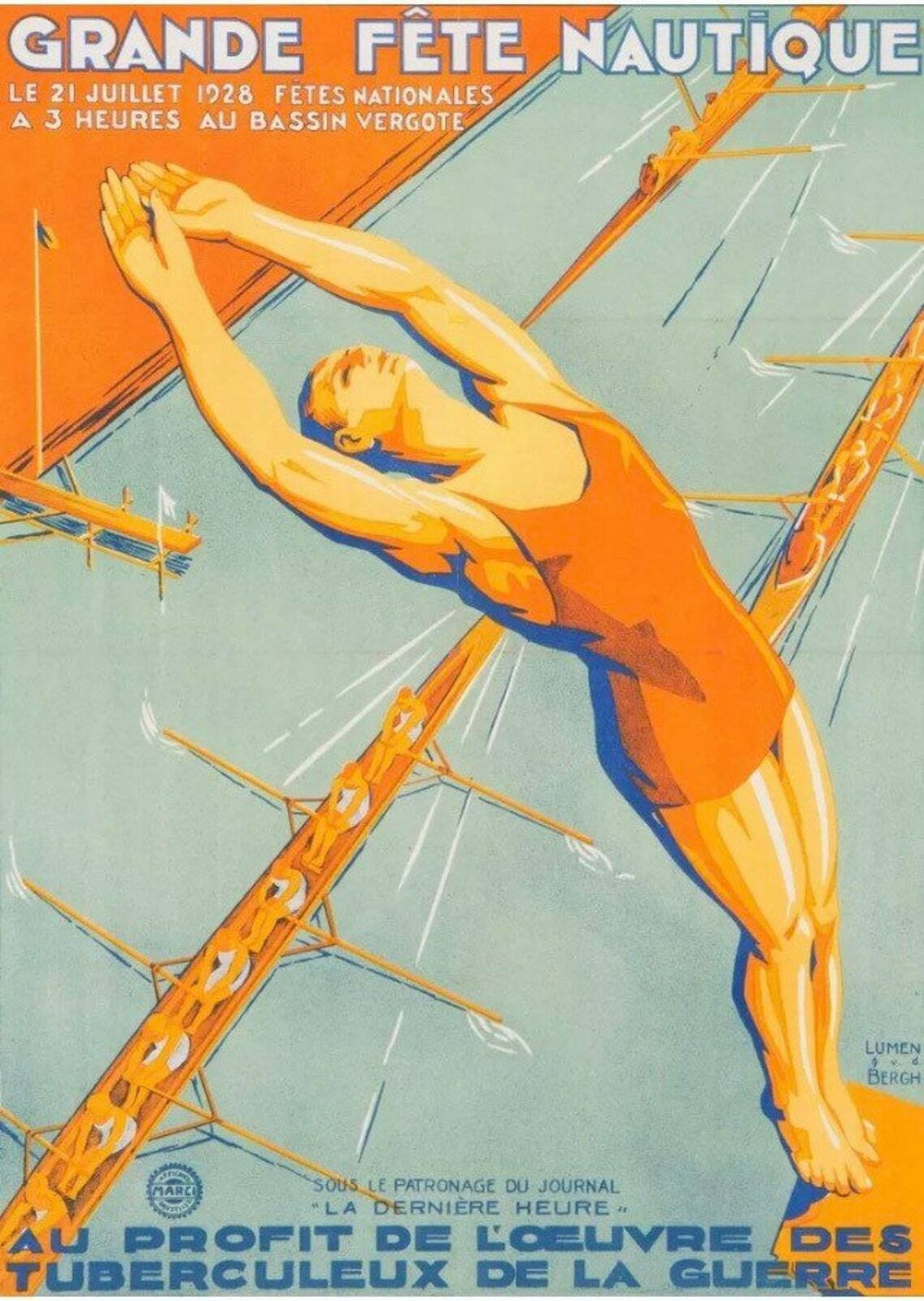 1928 Grand Fete Nautique French Swimming Poster   Art Deco