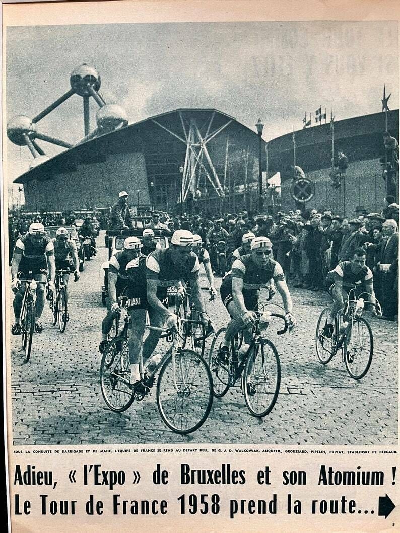 Original Vintage Tour De France Cycling Print   Brussels Atomium 1958 photo furniture