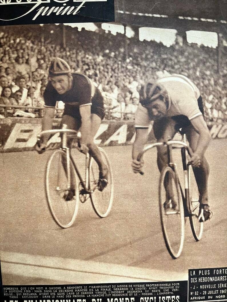 Original Vintage Tour De France 1948 French Pista  Track Cycling Print Scherens Gerardin photo vinterior