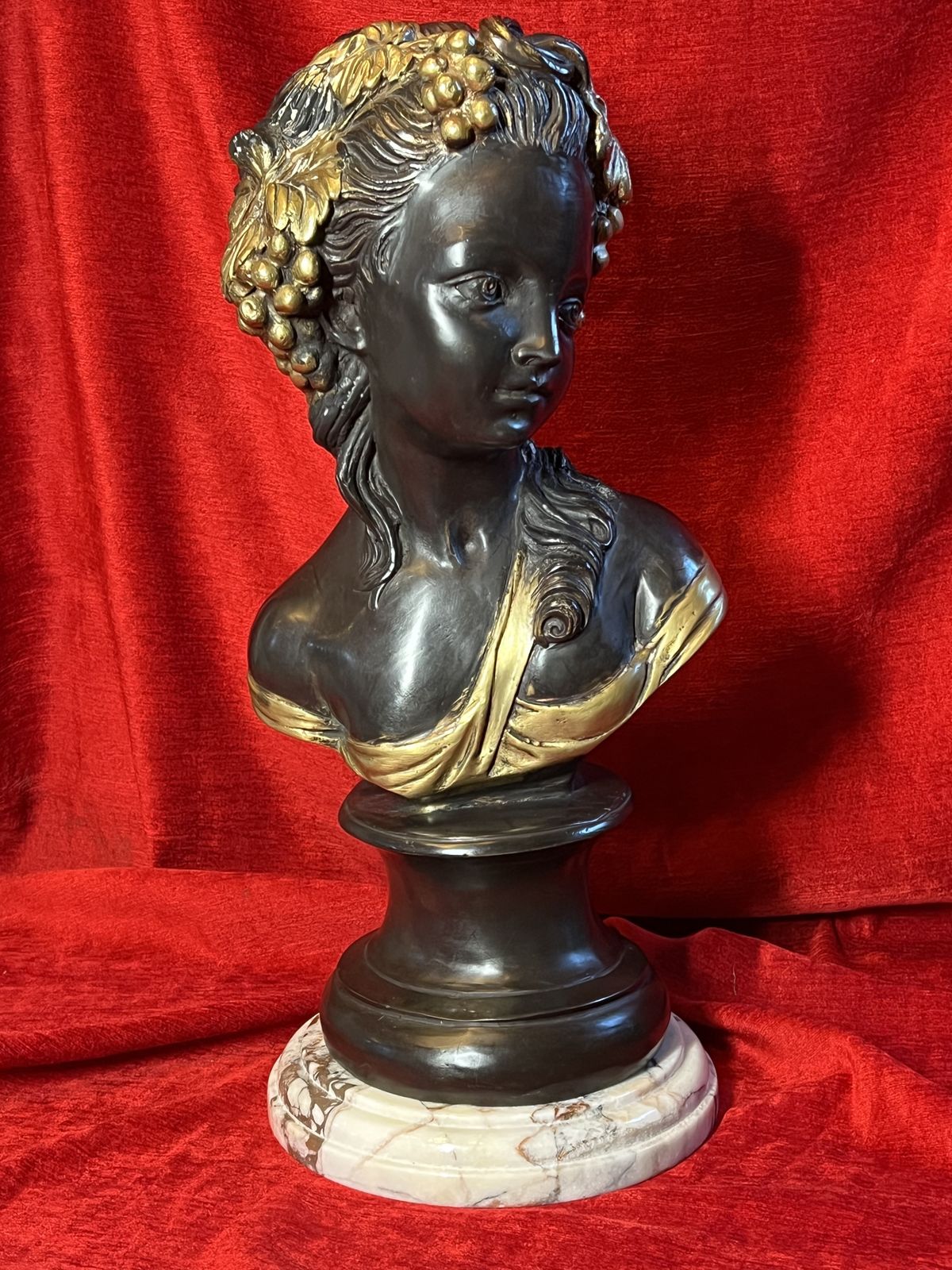 photo buy French Gilt Bronze Bust Of Fruit Maiden Upon Marble Plinth Signed Louis Beatux