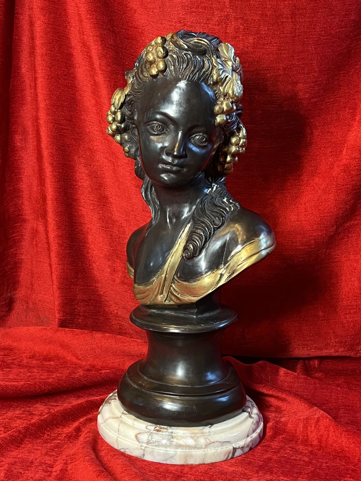 photo vintage French Gilt Bronze Bust Of Fruit Maiden Upon Marble Plinth Signed Louis Beatux