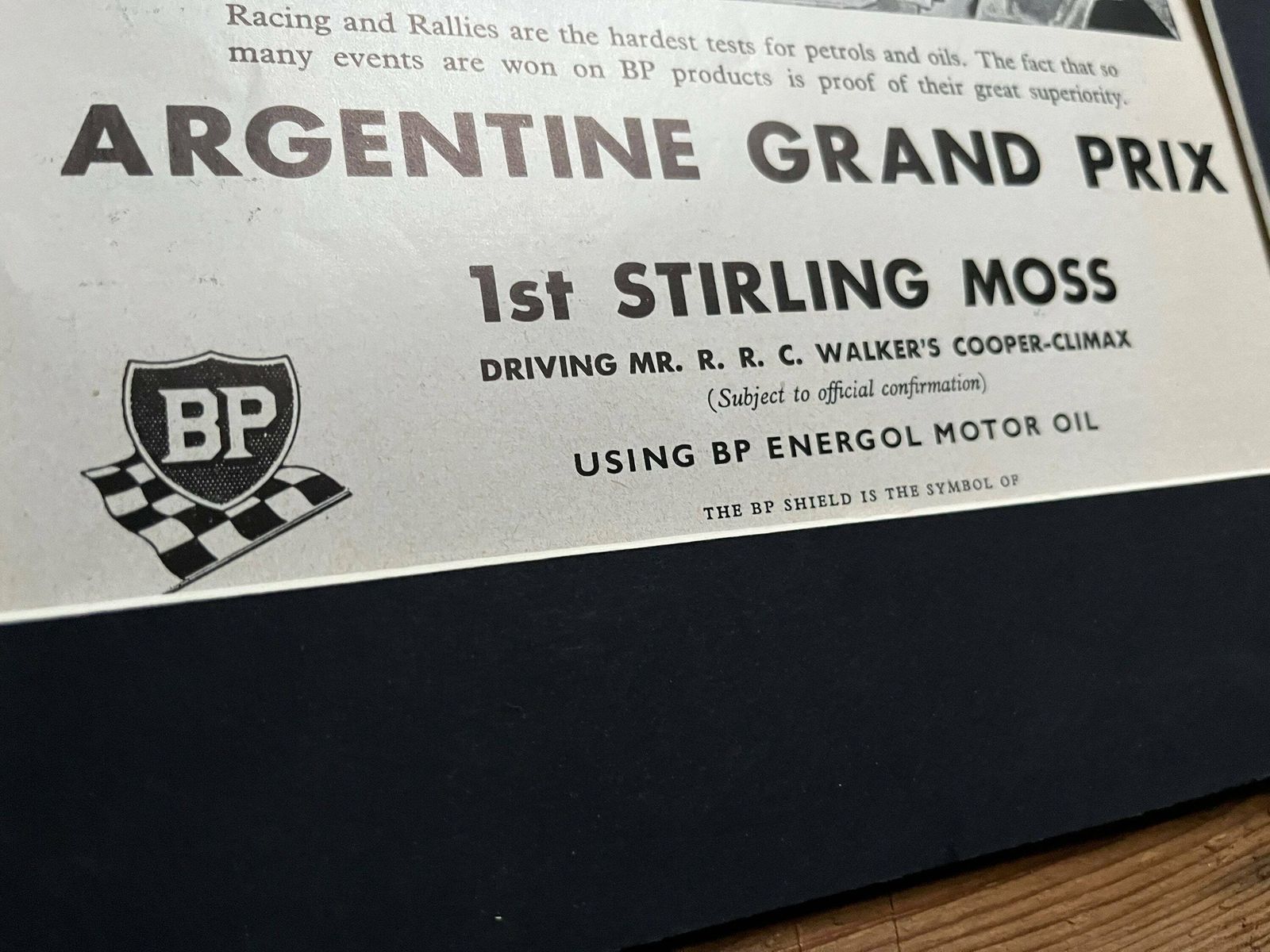 Stirling Moss / Bp Advertising Print  Argentine Grand Prix 1958 photo for sale