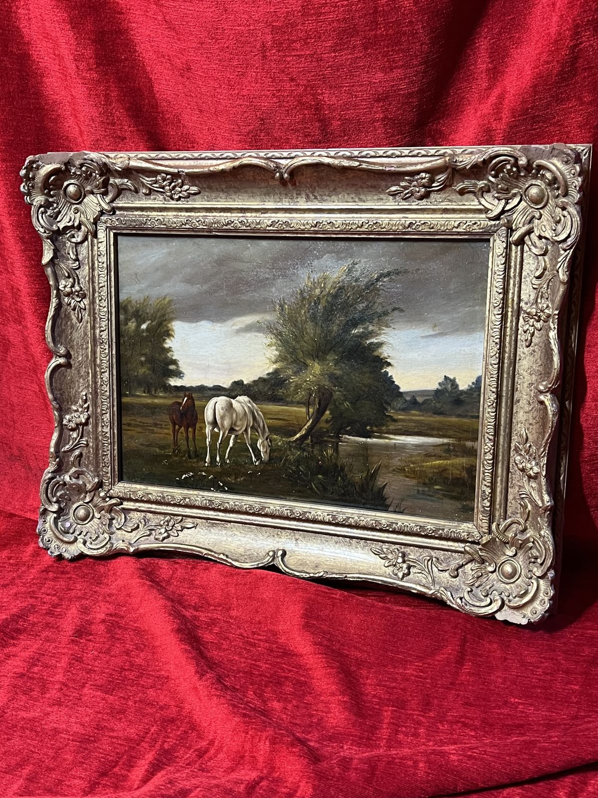 19th Century Fine Art Mare And Foal In Country Landscape Oil Painting photo buy