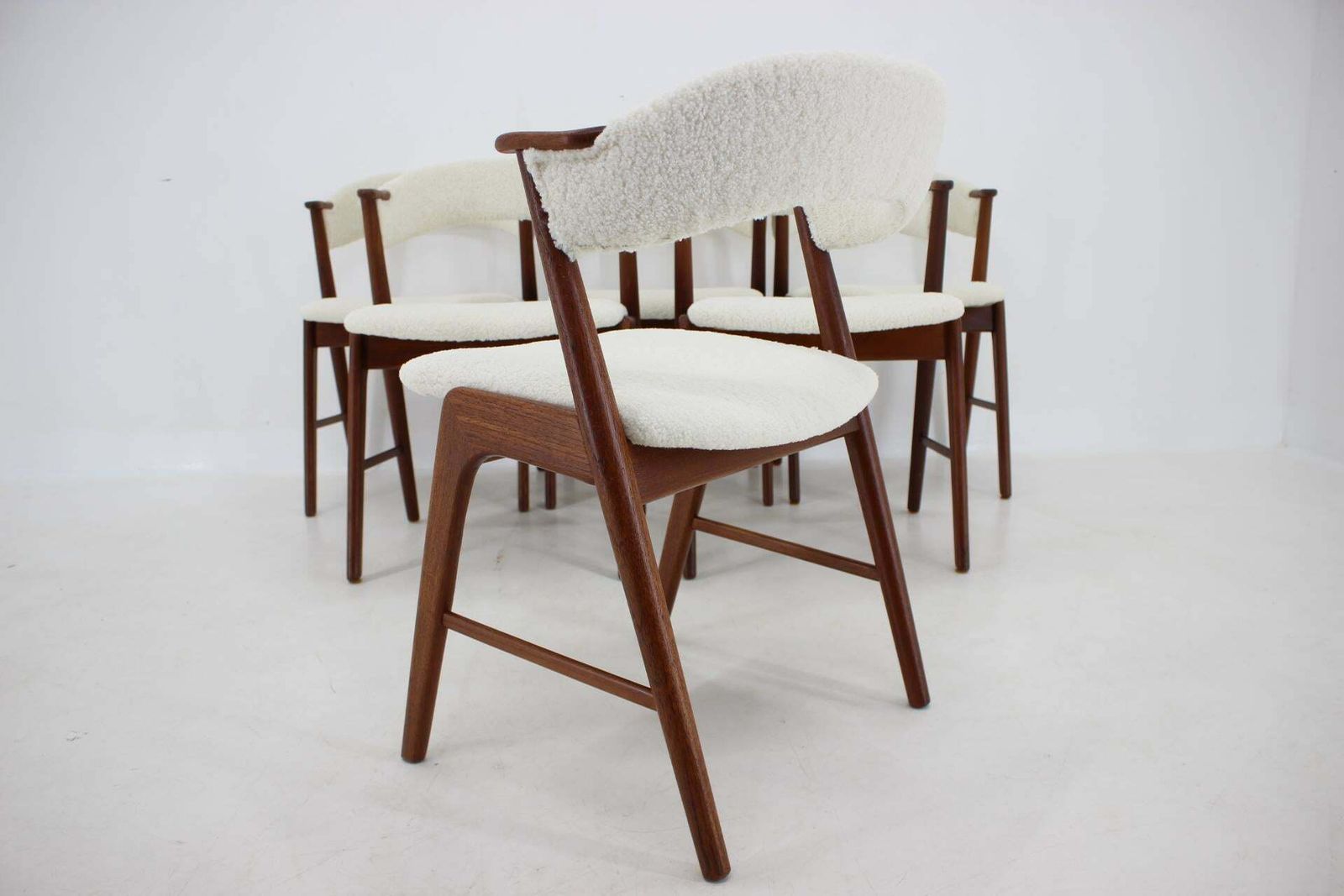 photo for sale 1960s Kai Kristiansen Set Of 6 Model 32 Teak Dining Chairs In Sheepskin Fabric