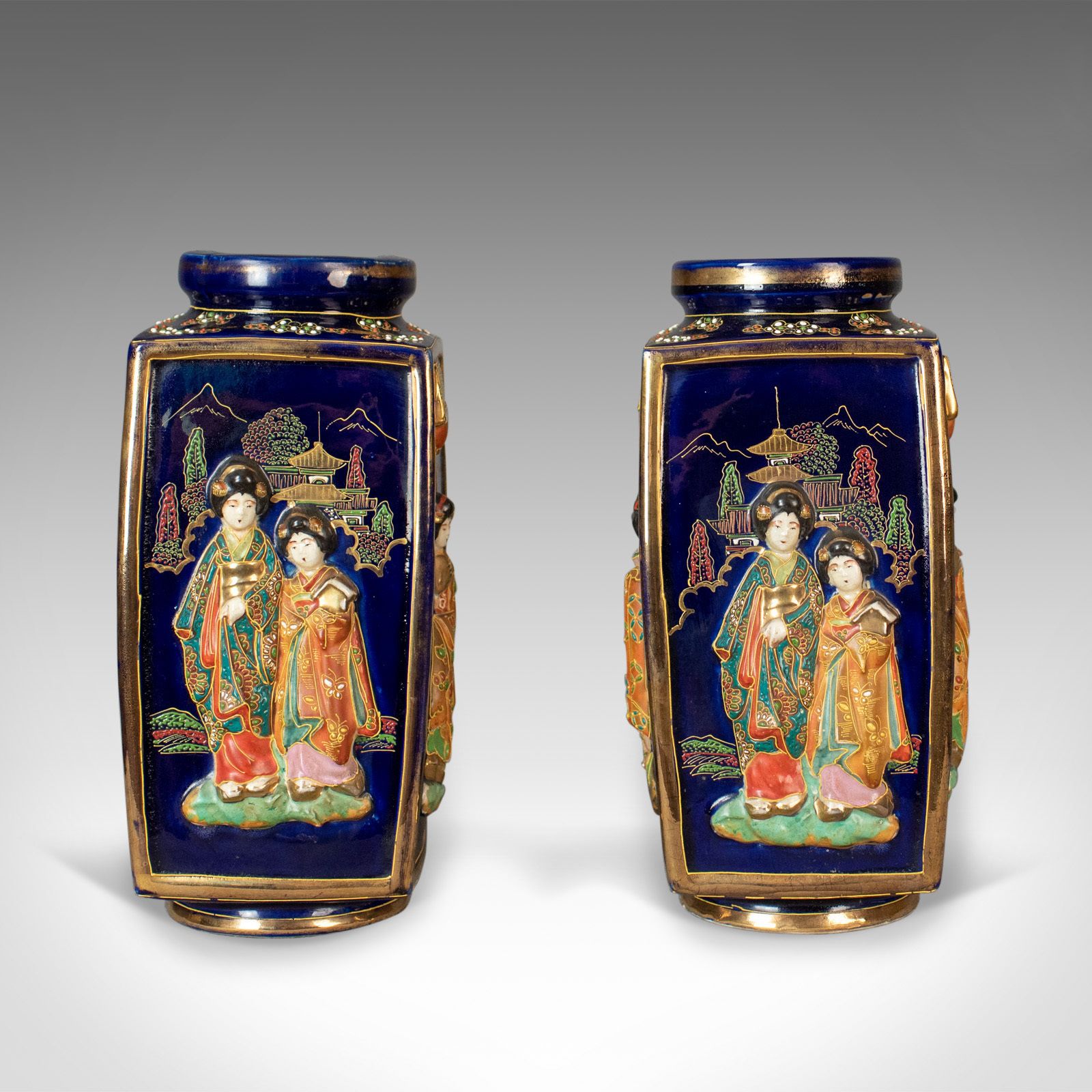 Antique Pair Of Japanese Vases, Ceramic Pots, 20th Century