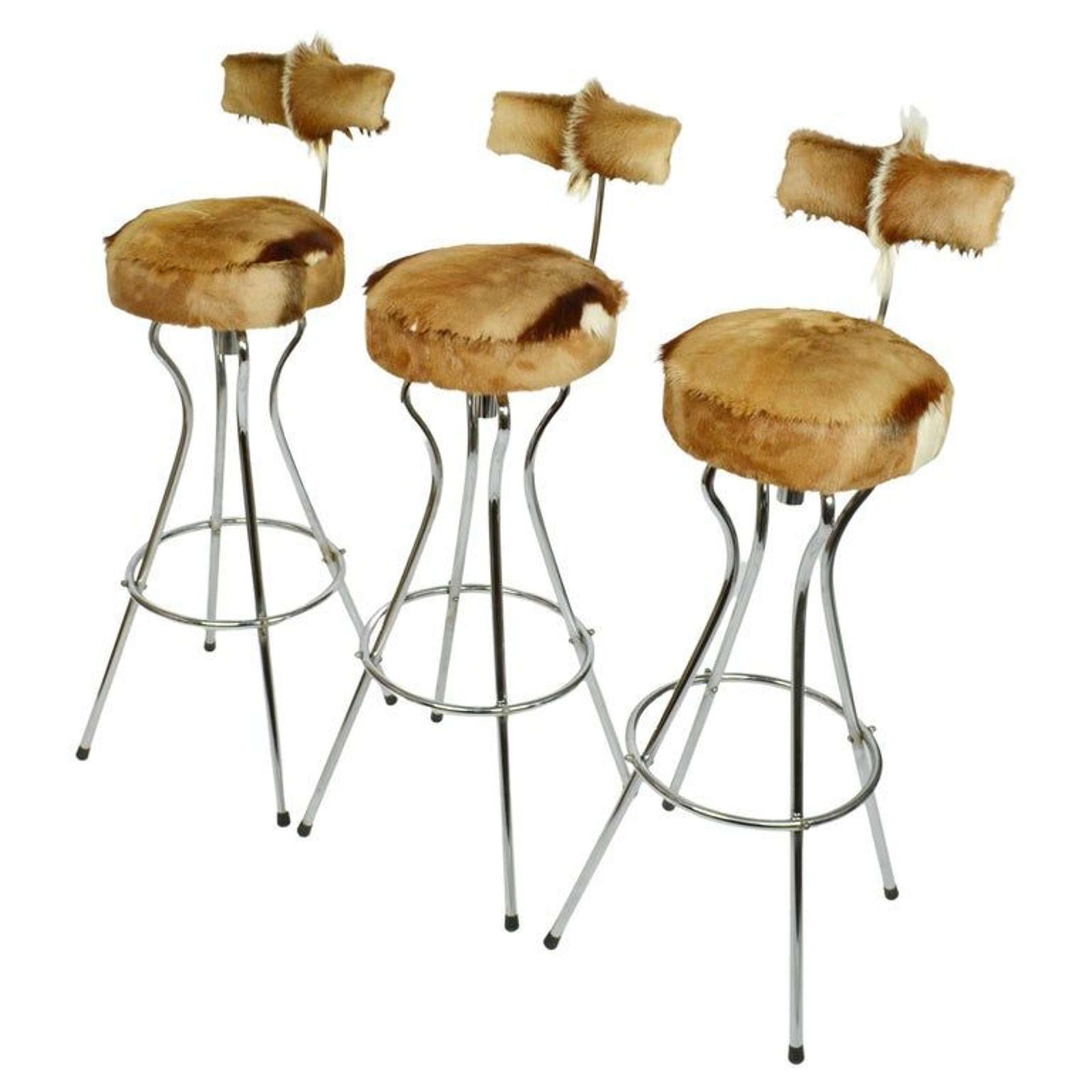 Set Of Three Swivel Bar Stools In Chrome And Goatskin