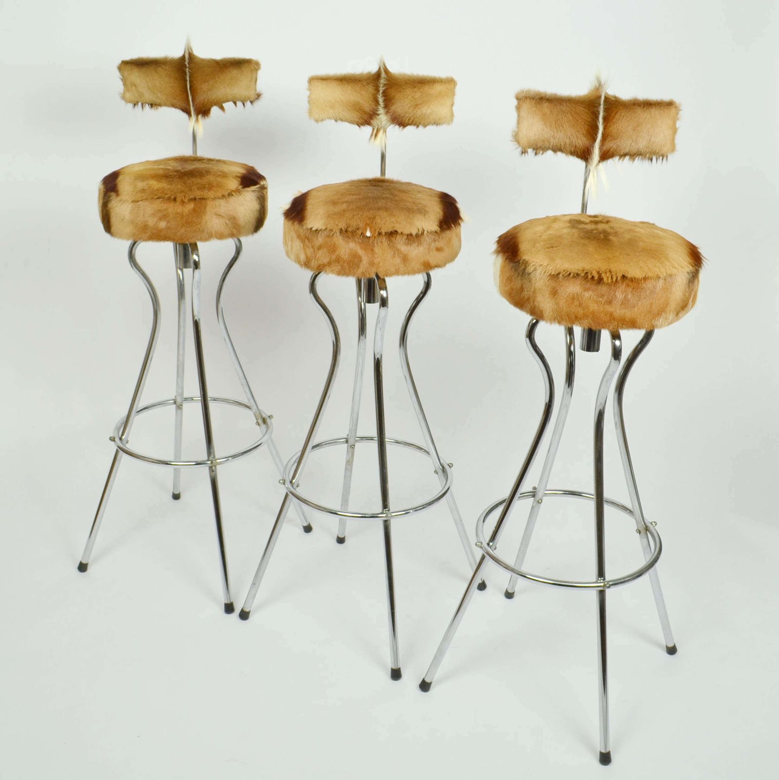 Set Of Three Swivel Bar Stools In Chrome And Goatskin photo furniture