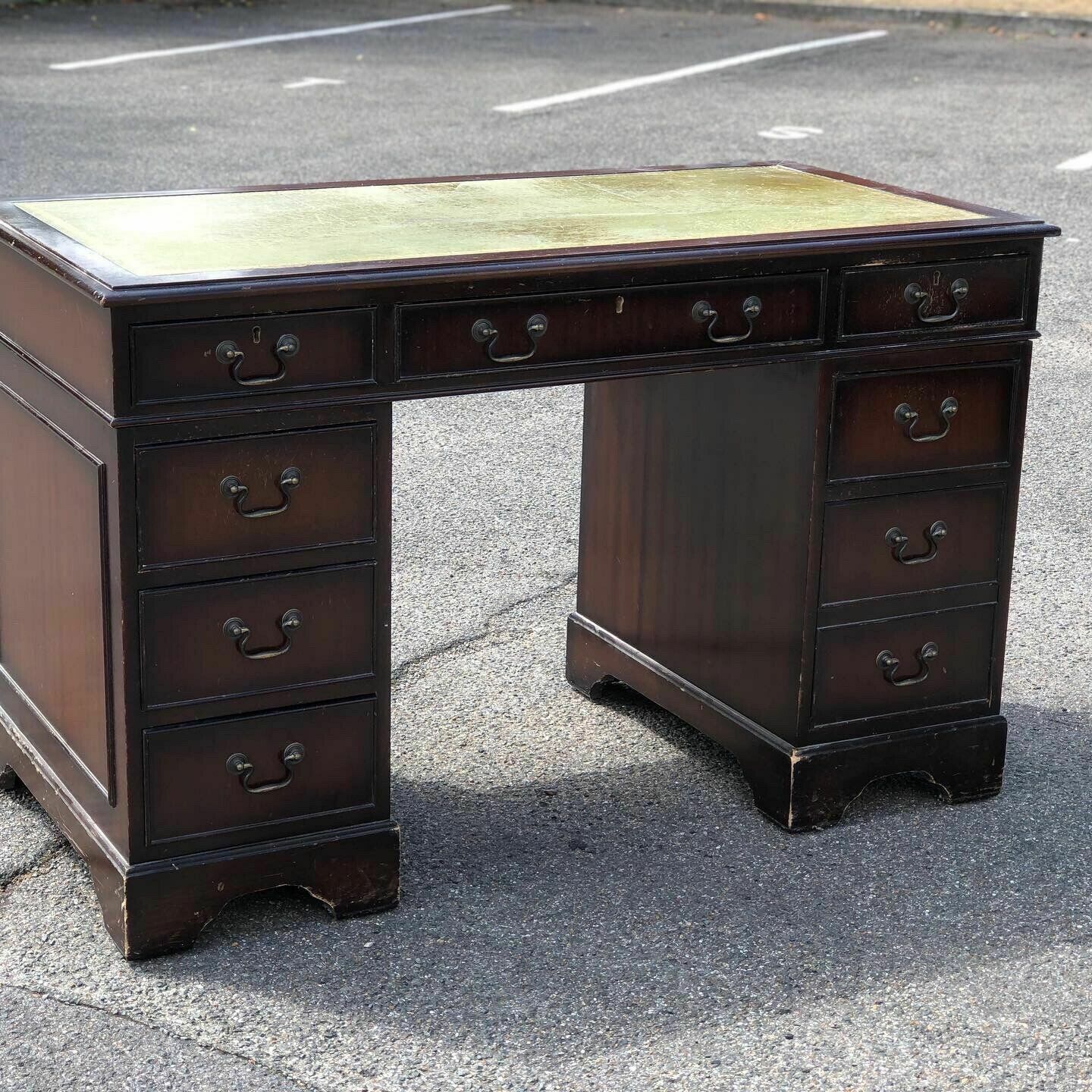 Mahogany Pedestal Desk With Green Leather Top. photo vinterior