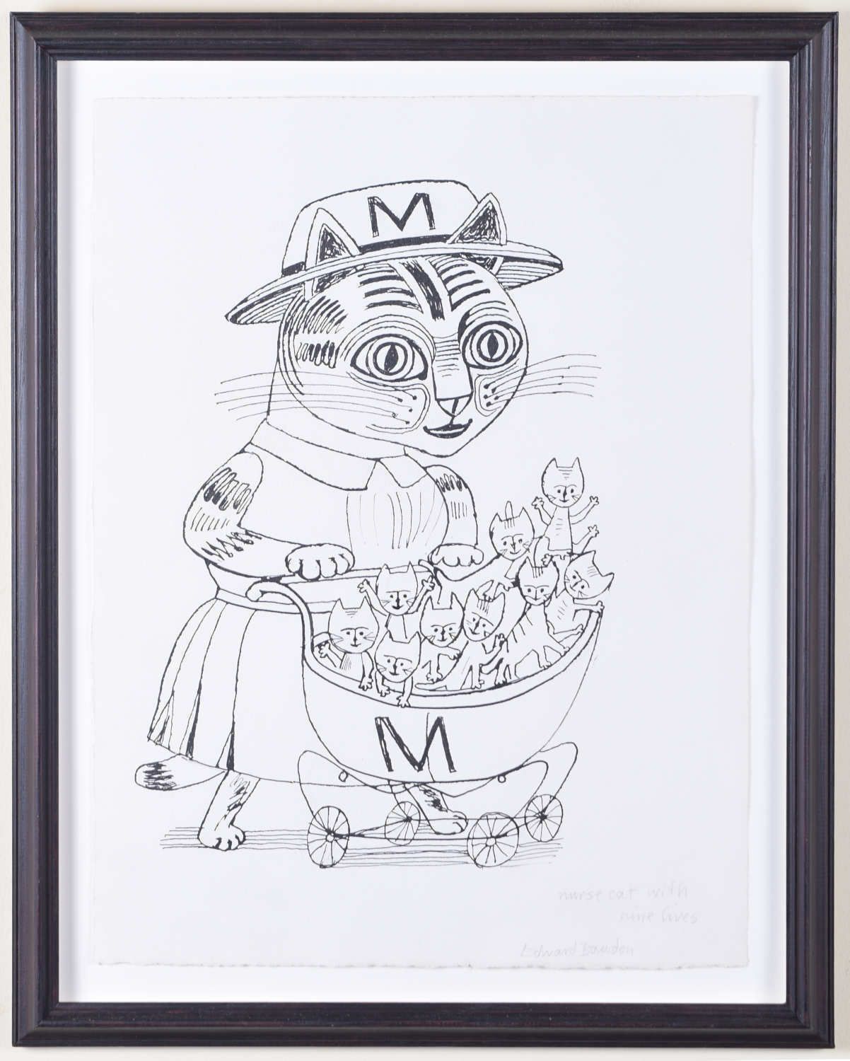 Edward Bawden Ink Drawing 'Nurse Cat With Nine Lives' C. 1980s