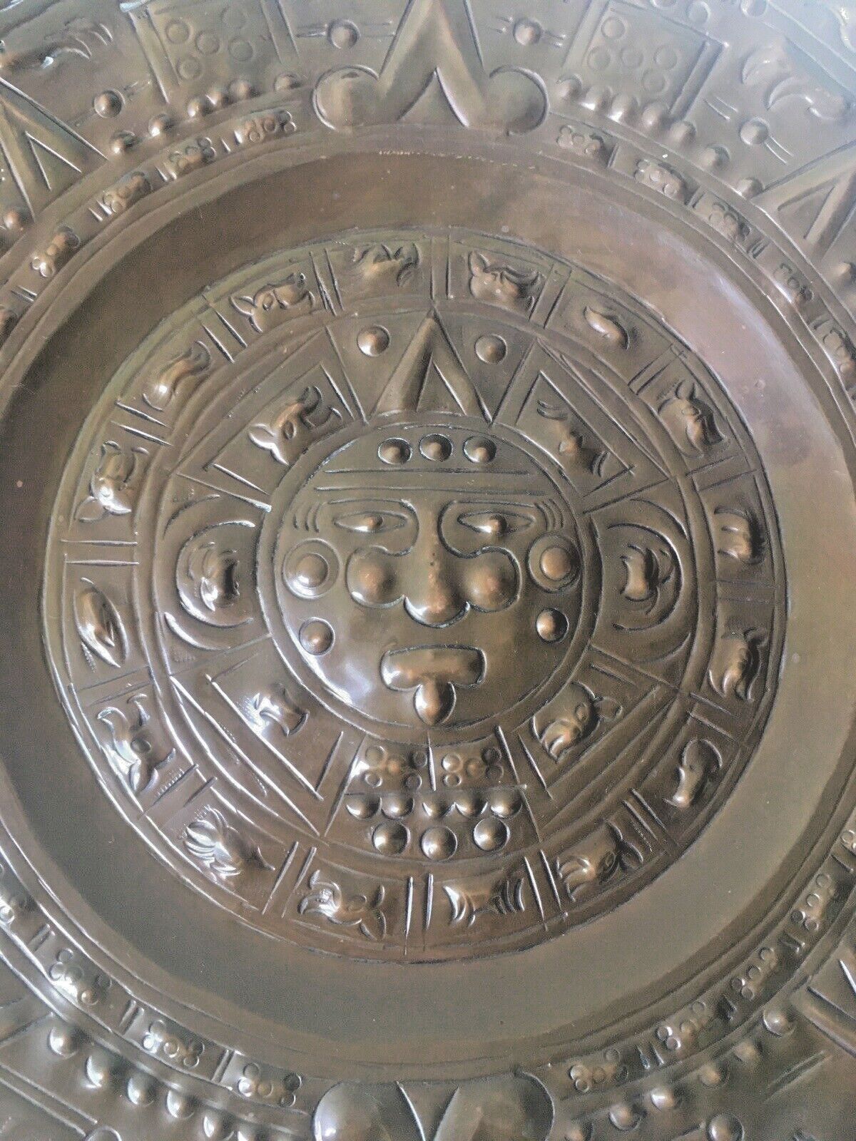 Huge Vintage  Aztec Mayan Sun God Copper Charger Wall Plate Plaque Mexico photo Art