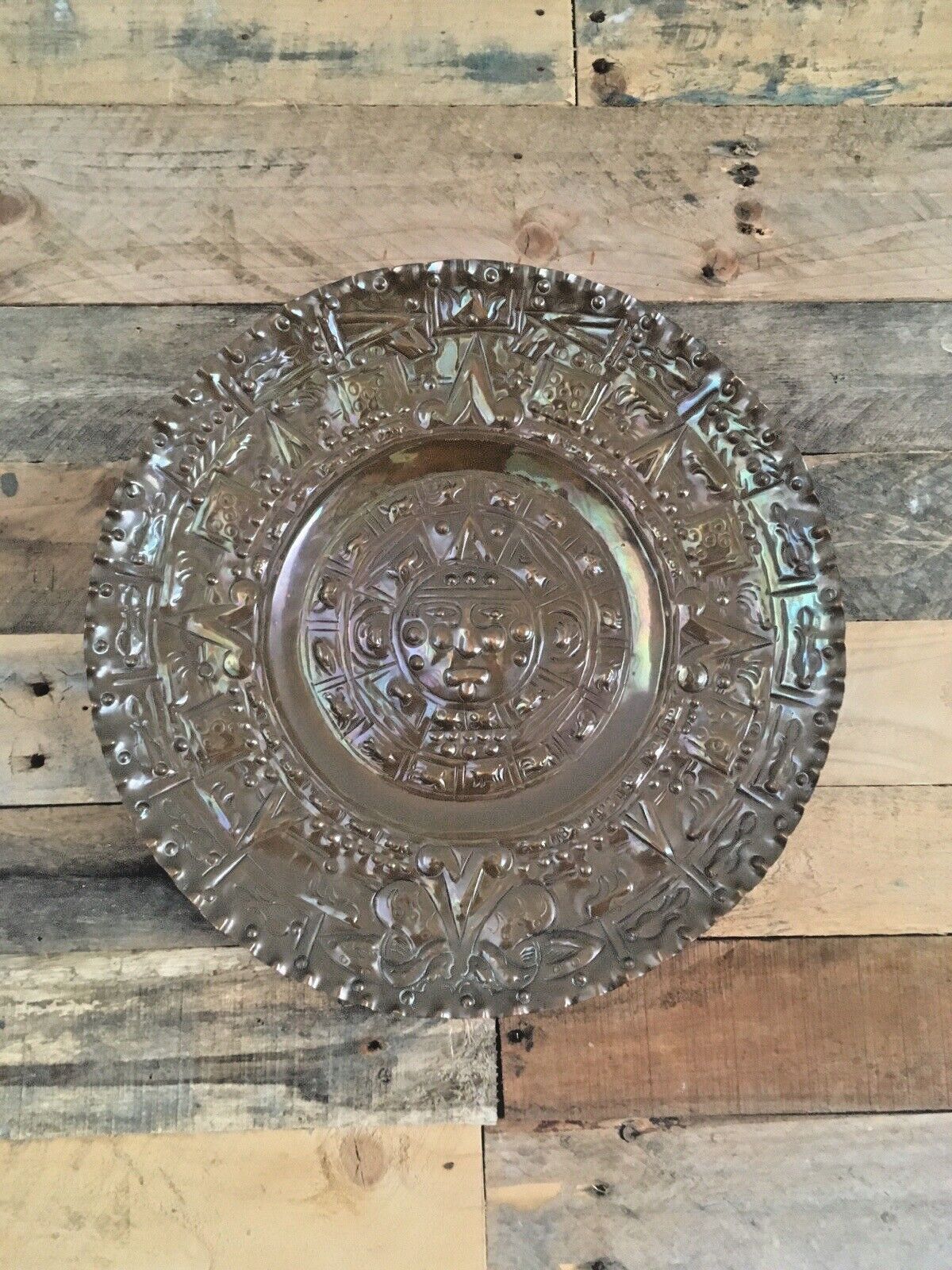 Art Huge Vintage  Aztec Mayan Sun God Copper Charger Wall Plate Plaque Mexico photo