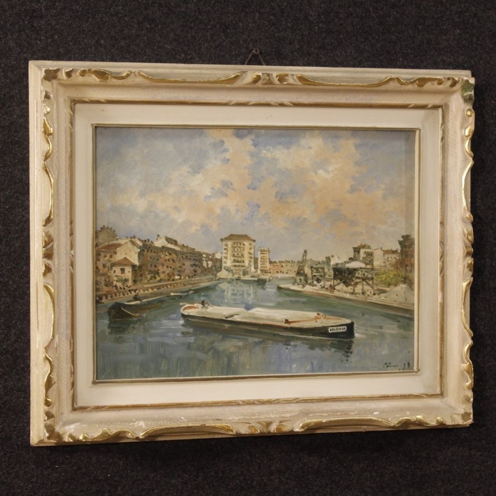 Italian Signed Landscape Painting View Of River With Boats photo furniture