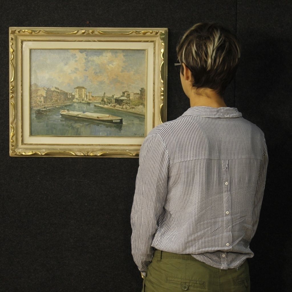 Italian Signed Landscape Painting View Of River With Boats photo for sale