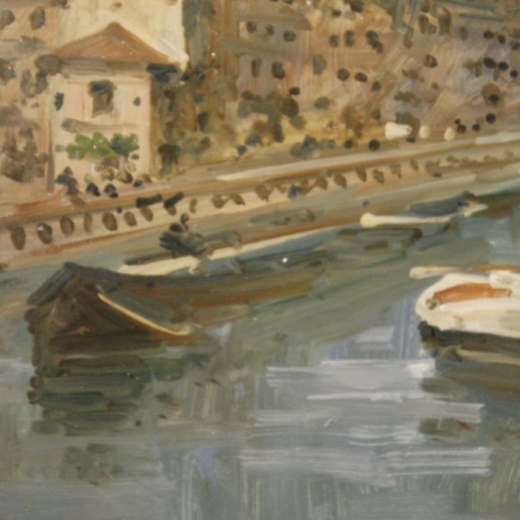 Italian Signed Landscape Painting View Of River With Boats photo buy
