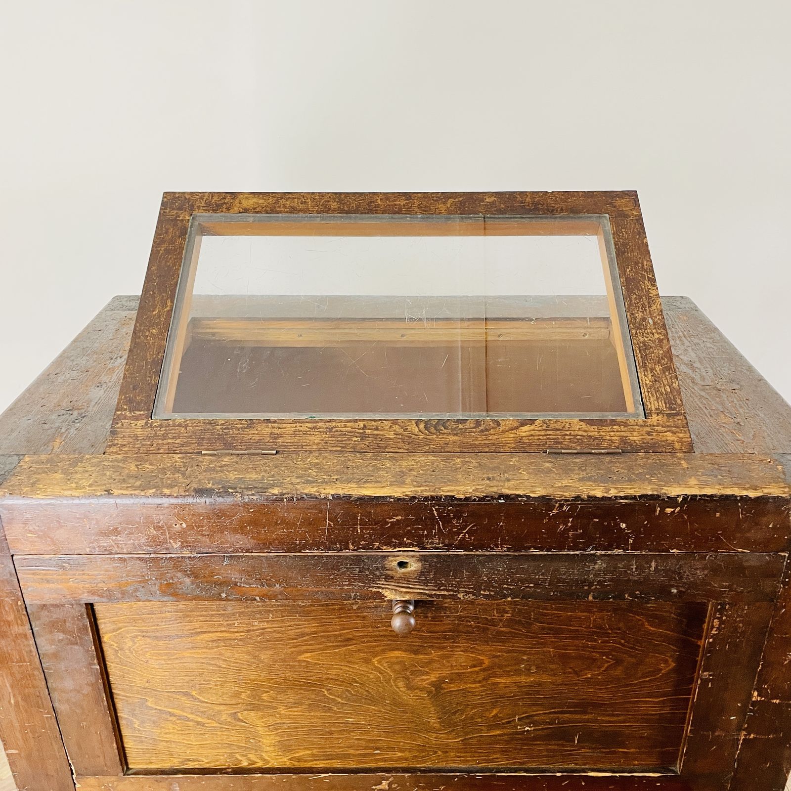 Large Industrial Workshop Cabinet With Brass Handles + Glass Top, 1920s photo buy